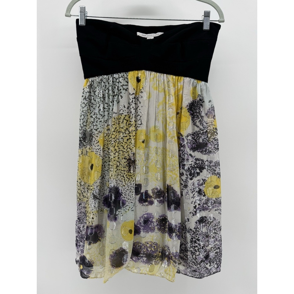 Diane Von Furstenberg Strapless Black Yellow Silk Midi Sundress Women's Size 6